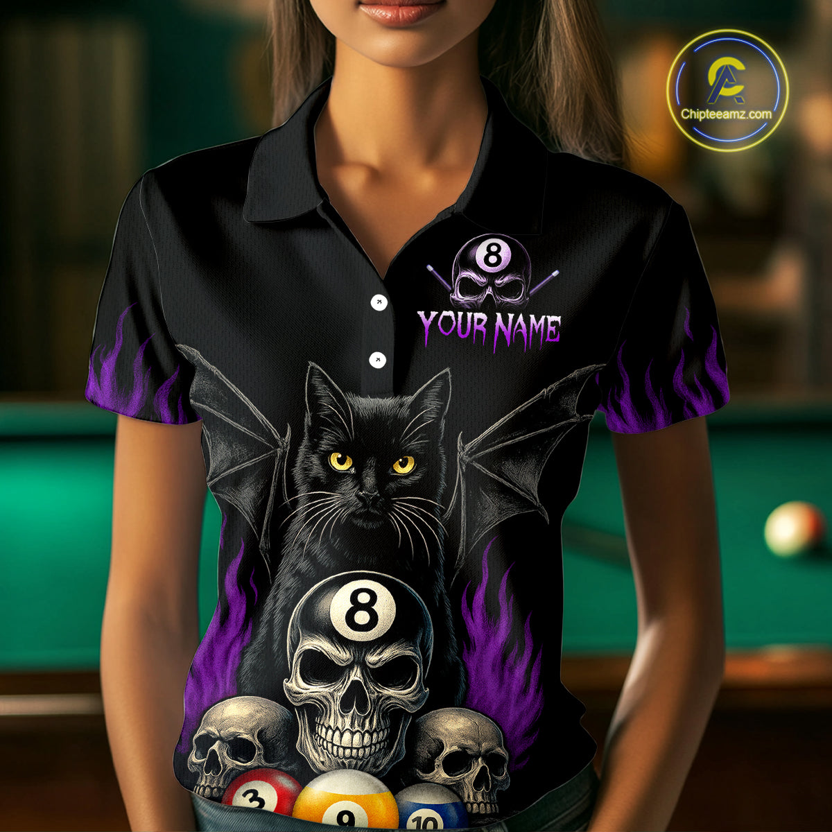 Personalized Name Bat Cat Billards Polo Shirts For Woman  Custom Team Name Billiard Shirt Design YYD0014