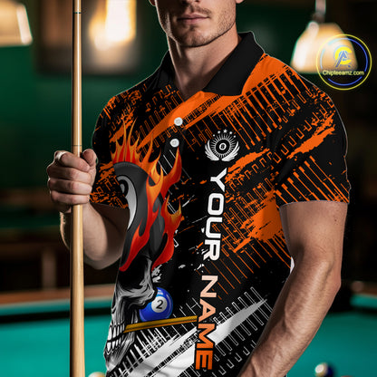 Personalized Name Billiard Skull Flame Polo Shirts For Men  Custom Team Name Billiard Shirt Design YYD0015