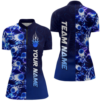 Bowling Quarter Zip Shirts For Women Custom Name Bowling Flame Lightning Team Jersey Shirt YYD0030