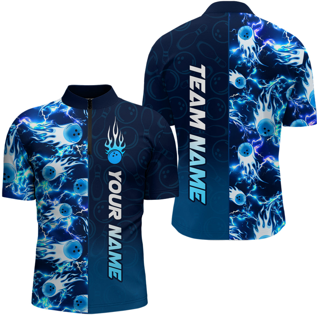 Bowling Quarter Zip Shirts For Men Custom Name Bowling Flame Lightning Team Jersey Shirt YYD0030