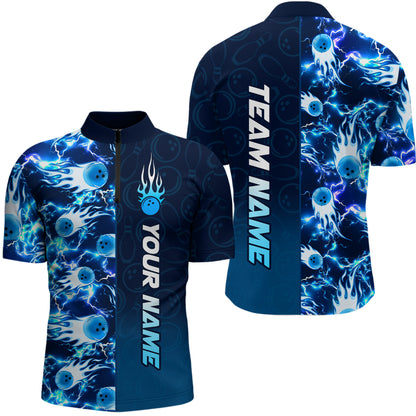 Bowling Quarter Zip Shirts For Men Custom Name Bowling Flame Lightning Team Jersey Shirt YYD0030