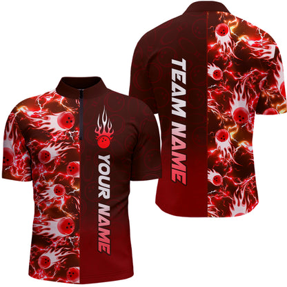 Bowling Quarter Zip Shirts For Men Custom Name Bowling Flame Lightning Team Jersey Shirt YYD0030
