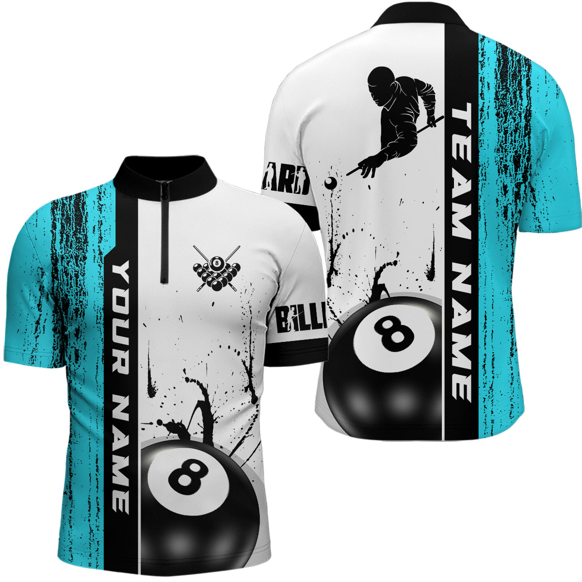 Ball 8 Grunge Ink Style Billiard Men Quarter-Zip Shirts Custom Name Billiard Shirt Colors YYD0069