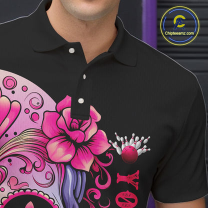 Pink Sugar Skull Tattoo Custom Unisex Team Bowling Polo Shirts, Halloween Team Bowling Jerseys IPHW5243