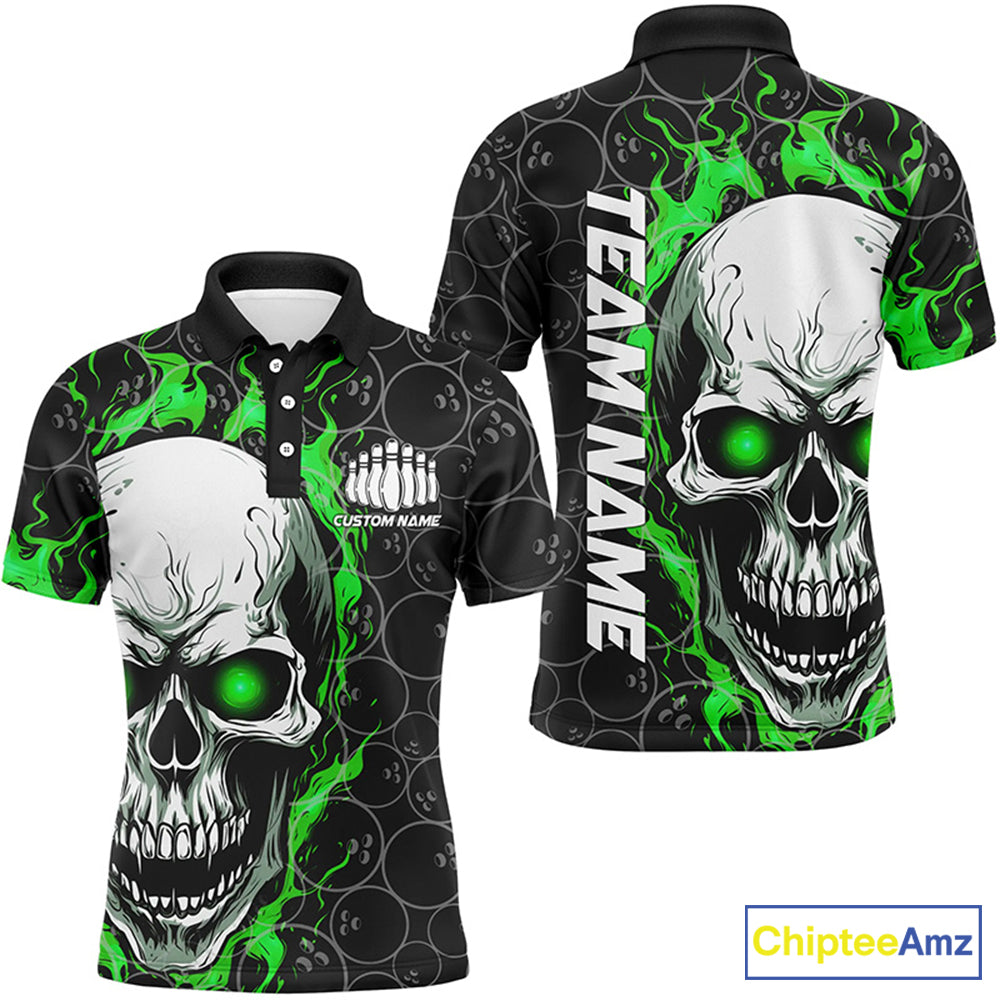 Personalized Skull Bowling Shirt For Men Custom Team'S Name Flame Bowler Jerseys |  Green IPHW5008