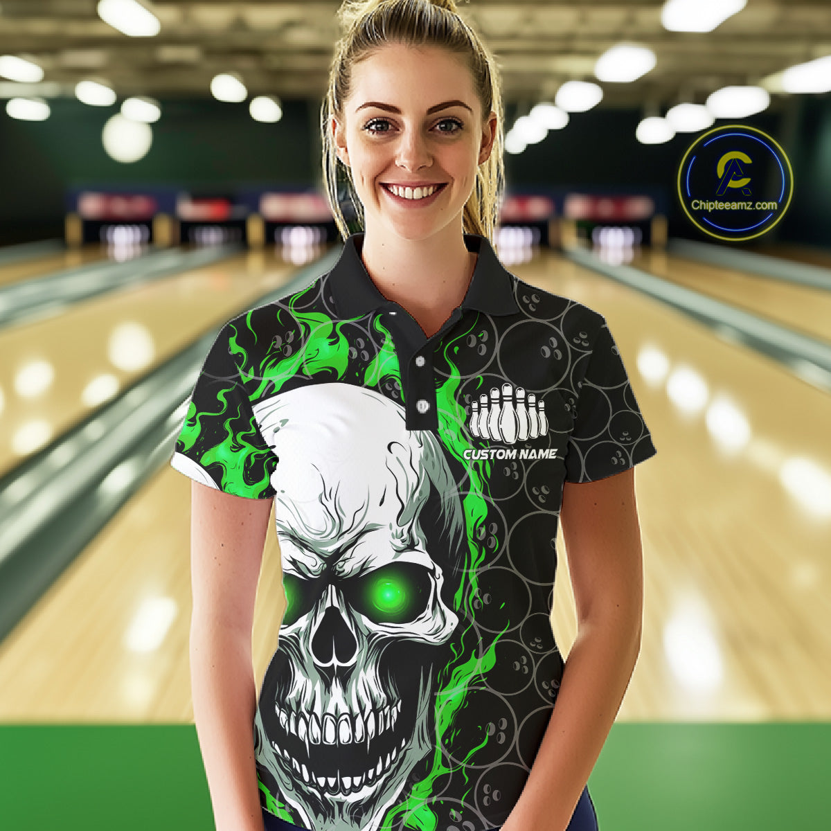 Personalized Skull Bowling Shirt For Women Custom Team'S Name Flame Bowler Jerseys |  Green IPHW5008
