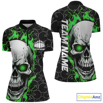 Personalized Skull Bowling Shirt For Women Custom Team'S Name Flame Bowler Jerseys |  Green IPHW5008