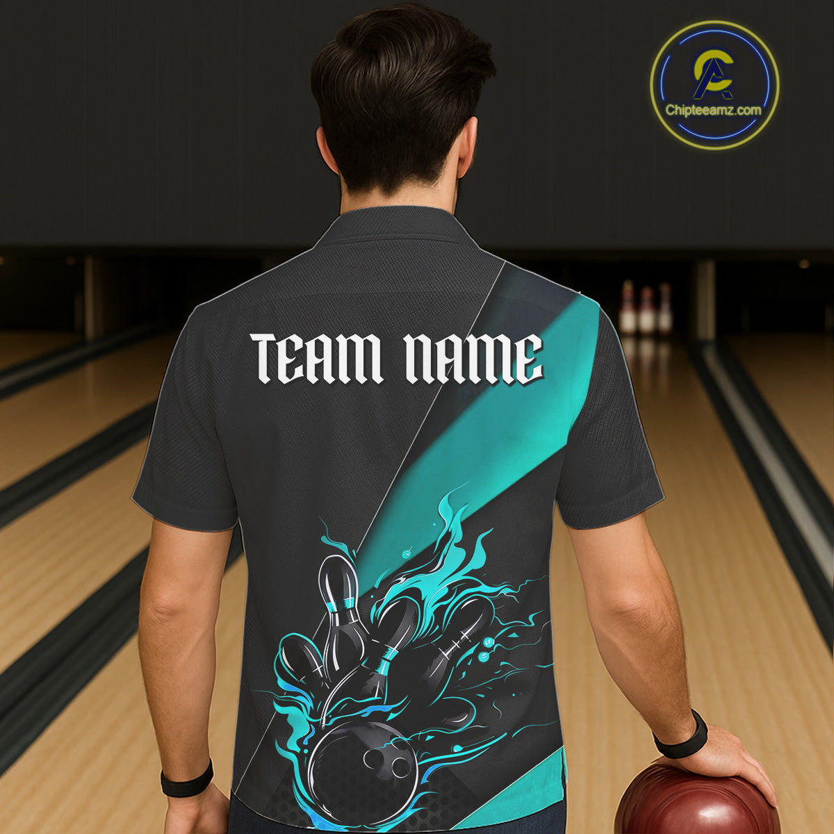Custom Black And Blue Flame Bowling Tournament Men Hawaiian Shirts, Bowling Team Shirts IPHW6186