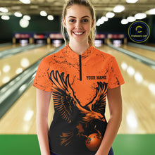 Load image into Gallery viewer, Custom Orange Eagle Women Bowling Quarter Zip Shirts Grunge Vintage Bowling Team Jerseys IPHW5343