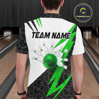 Black and White Bowling Polo, Quarter Zip Shirt for Men Custom Lightning Team bowling jerseys | Green NQS9838
