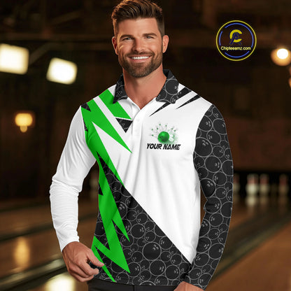 Black and White Bowling Polo, Quarter Zip Shirt for Men Custom Lightning Team bowling jerseys | Green NQS9838