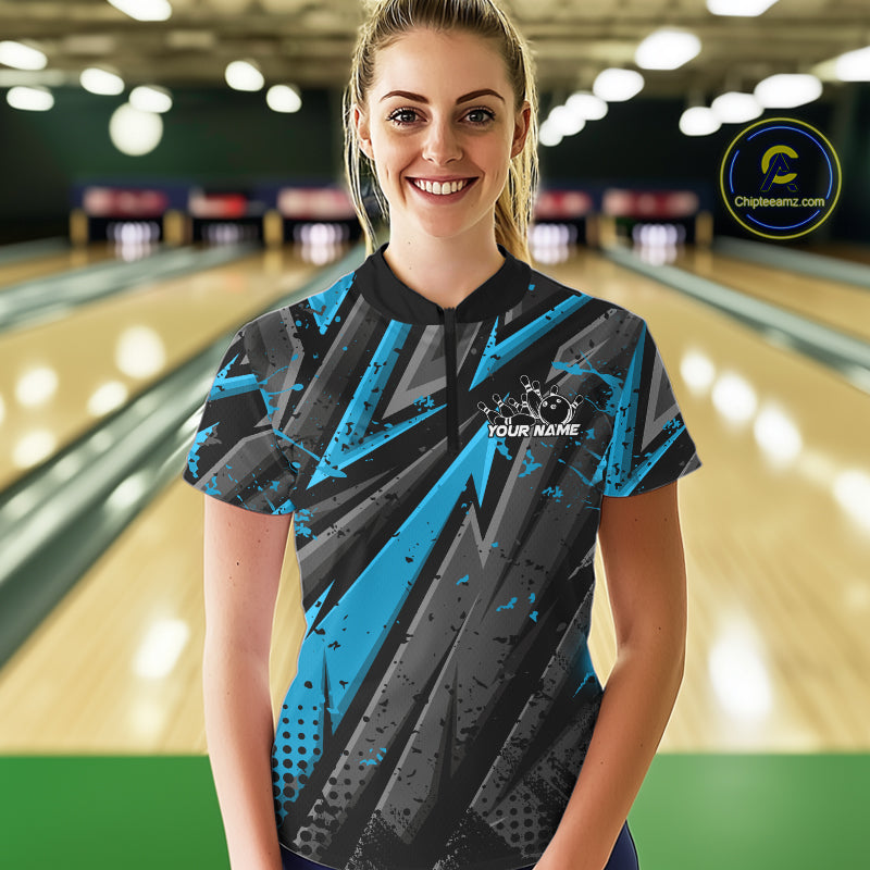 Custom Grunge Black And Blue Cobra Snake Bowling Women Quarter-Zip Shirts With Team Name IPHW9029