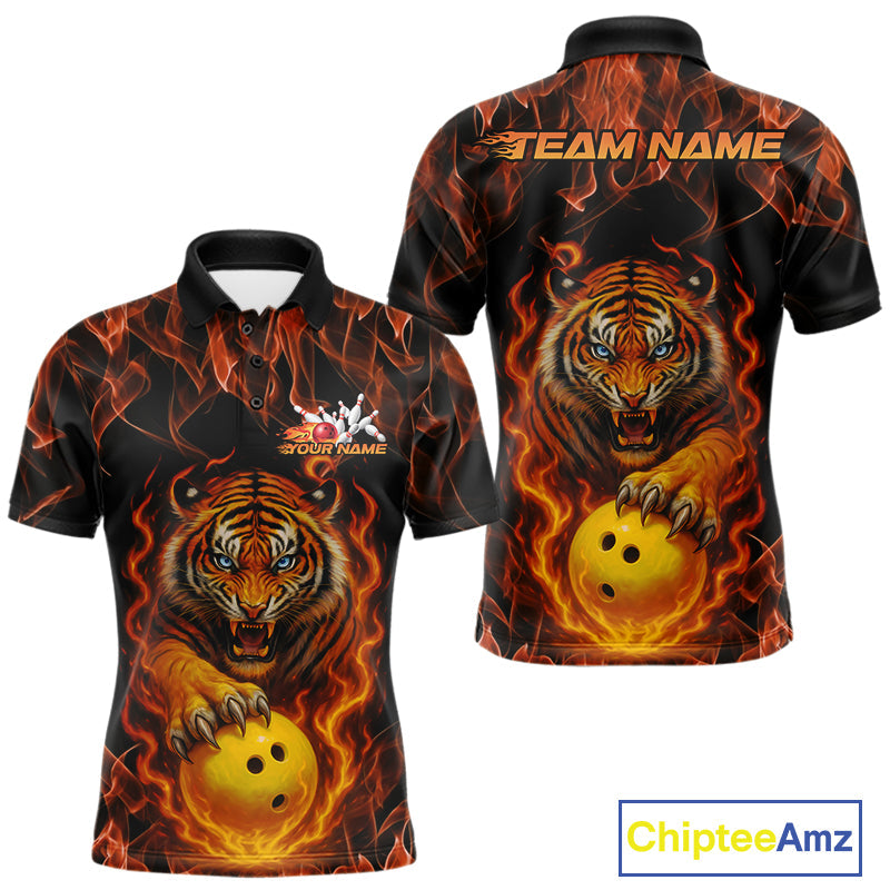 Custom Fire Flame Tiger Bowling Team Polo Shirts For Men, Tournament Bowling Outfit IPHW9037