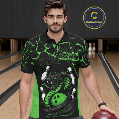 Custom Black And Green Cobra Snake Bowling Jerseys, Bowling Team Men Polo Shirts IPHW9039