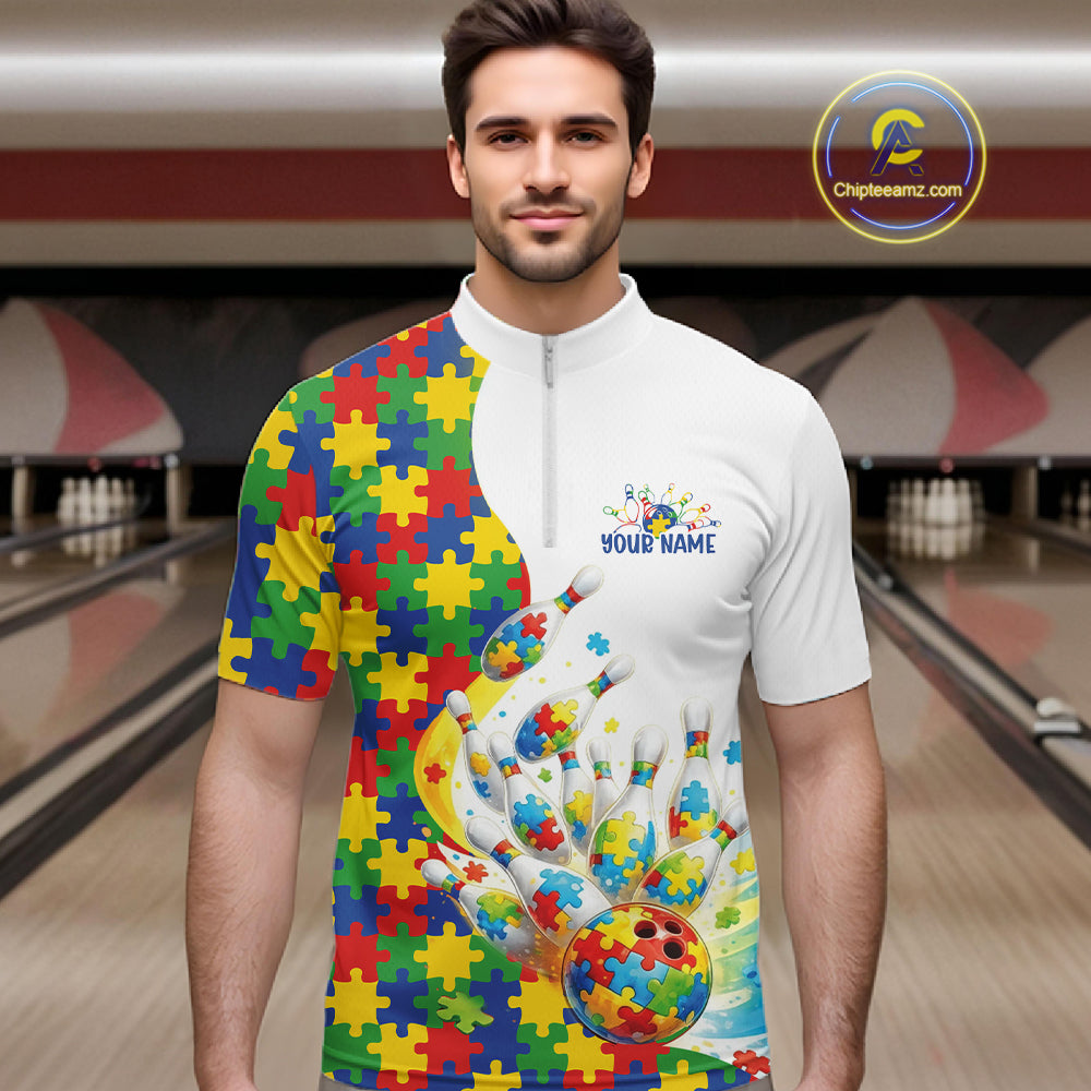 In Bowling Lane, Front View Male Model Wearing Quarter-Zip Shirt Showcasing Autism Bowling Strike Graphics And Vibrant Puzzle-Inspired Illustration