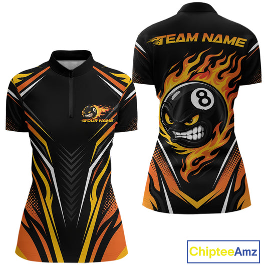 Custom Black And Orange Flame Angry 8 Ball Billiards Jerseys Quarter-Zip Shirt For Women IPHW11780