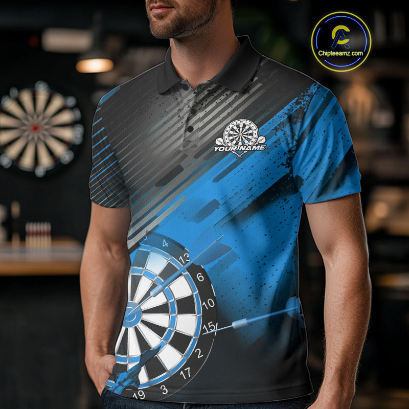 Custom Grunge Blue Dartboard Dart Team Polo Shirts For Men, Dart Players Jerseys IPHW9975
