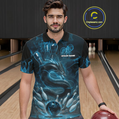 Custom Blue Flame Dragon Bowling Men Polo Shirts, Dragon Bowling League Shirt IPHW10224