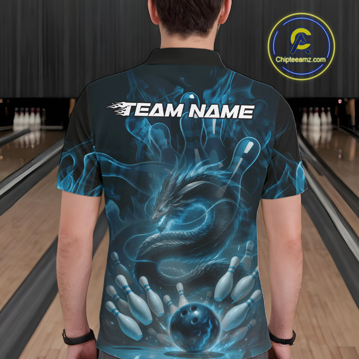 Custom Blue Flame Dragon Bowling Men Polo Shirts, Dragon Bowling League Shirt IPHW10224