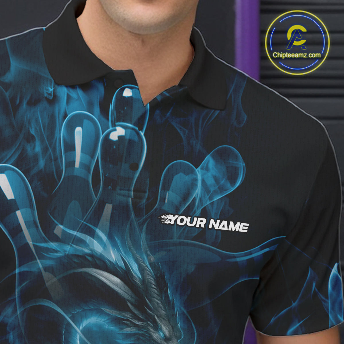 Custom Blue Flame Dragon Bowling Men Polo Shirts, Dragon Bowling League Shirt IPHW10224