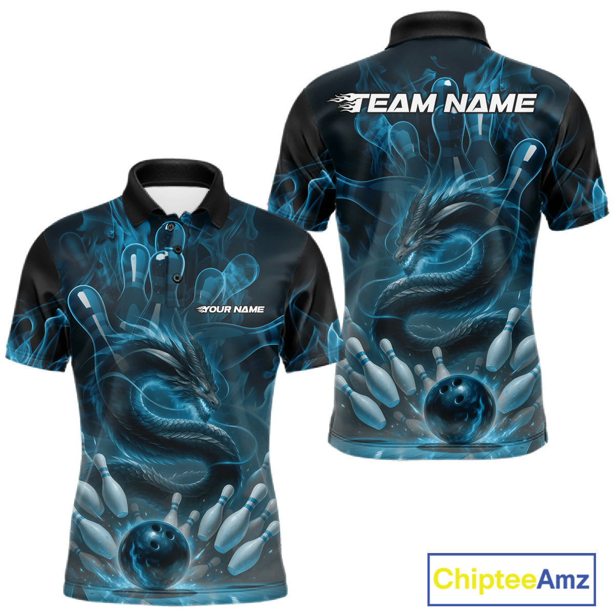 Custom Blue Flame Dragon Bowling Men Polo Shirts, Dragon Bowling League Shirt IPHW10224
