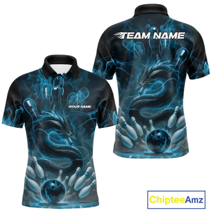Custom Blue Flame Dragon Bowling Men Polo Shirts, Dragon Bowling League Shirt IPHW10224