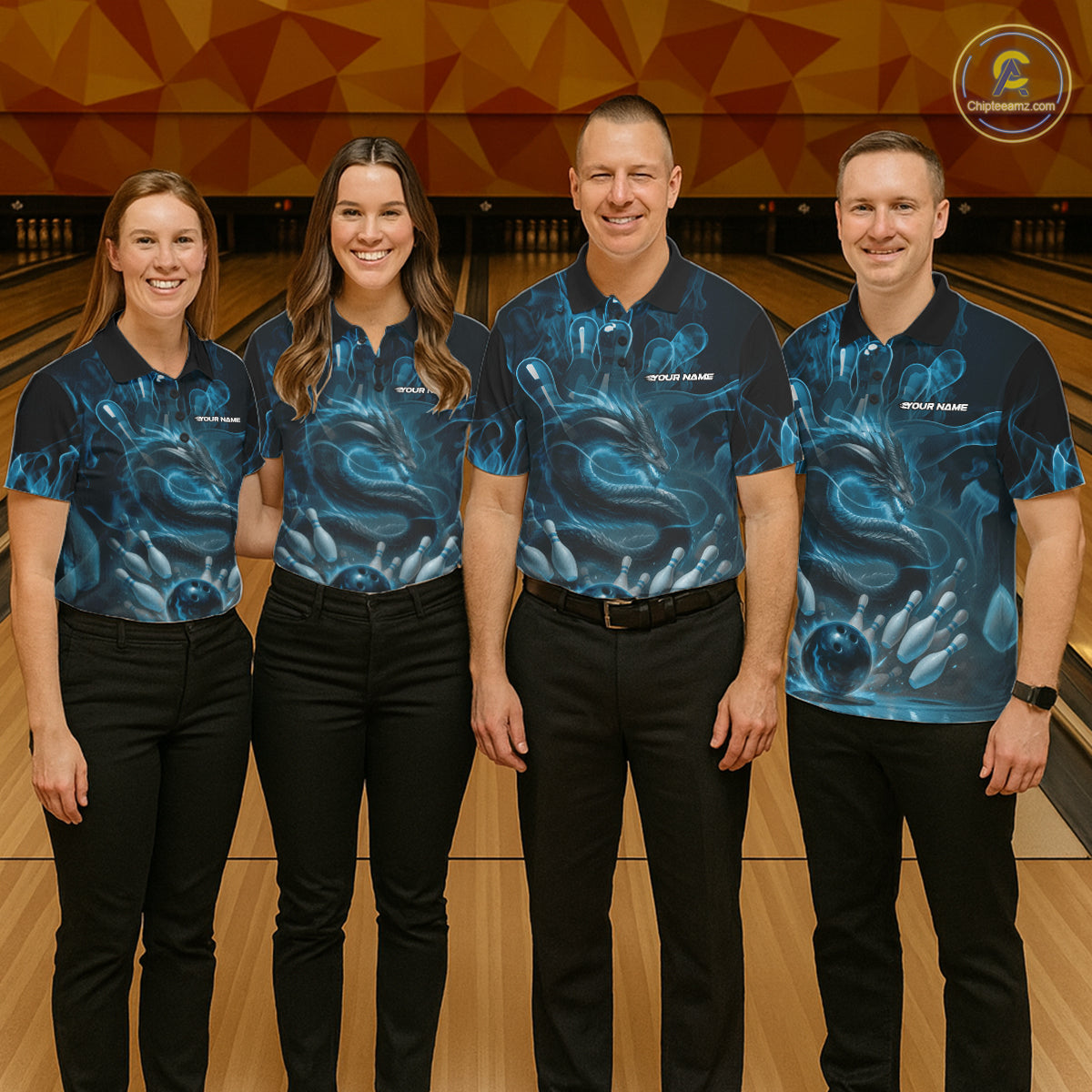 Custom Blue Flame Dragon Bowling Men Polo Shirts, Dragon Bowling League Shirt IPHW10224