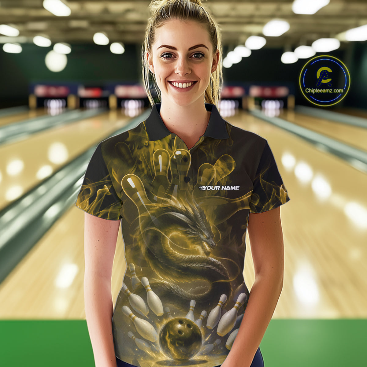 Custom Yellow Flame Dragon Bowling Women Polo Shirts, Dragon Bowling League Shirt IPHW10225