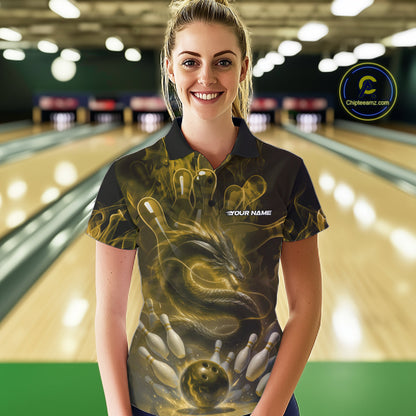 Custom Yellow Flame Dragon Bowling Women Polo Shirts, Dragon Bowling League Shirt IPHW10225