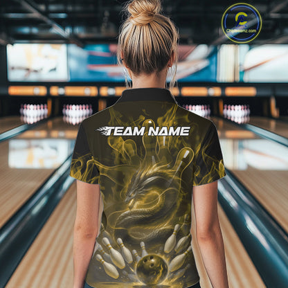 Custom Yellow Flame Dragon Bowling Women Polo Shirts, Dragon Bowling League Shirt IPHW10225