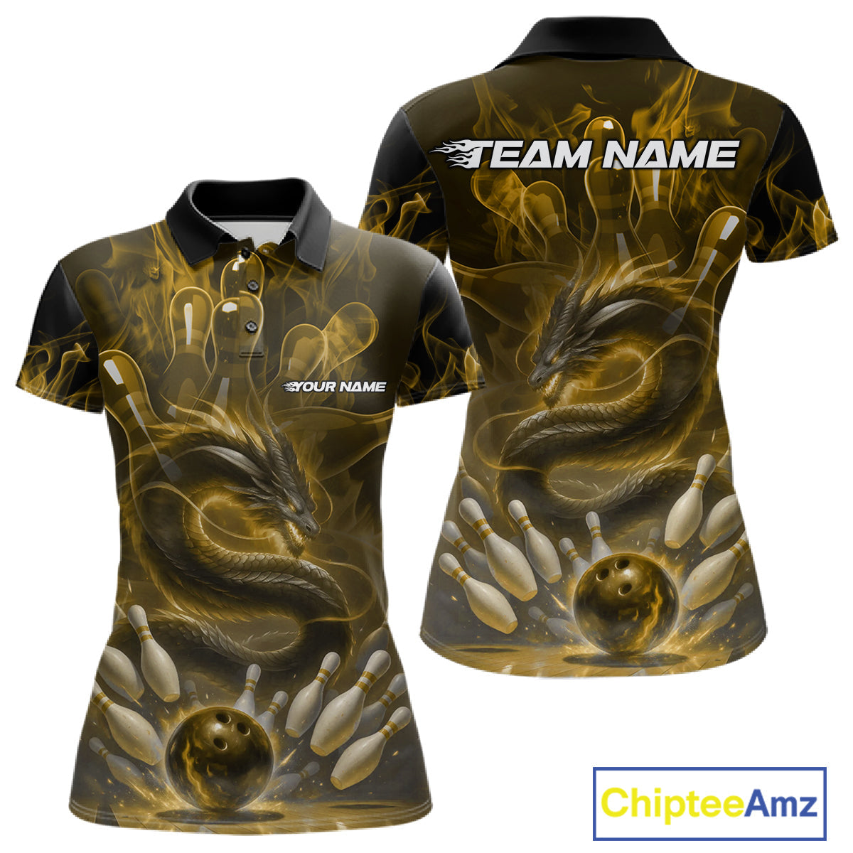 Custom Yellow Flame Dragon Bowling Women Polo Shirts, Dragon Bowling League Shirt IPHW10225