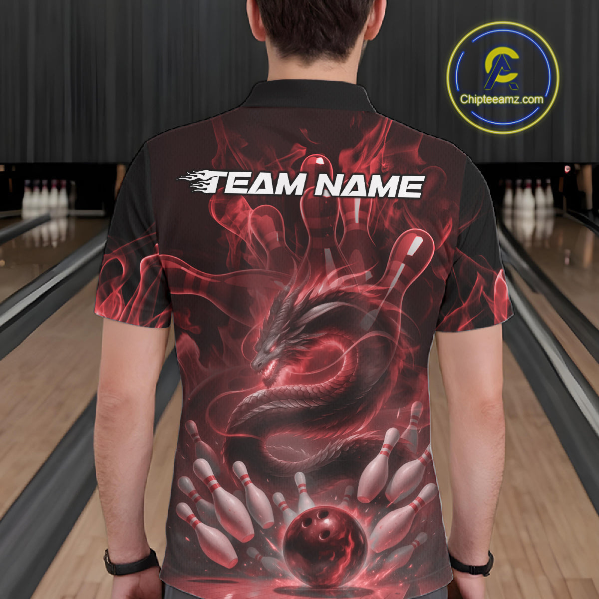 Custom Red Flame Dragon Bowling Men Polo Shirts, Dragon Bowling League Shirt IPHW10226