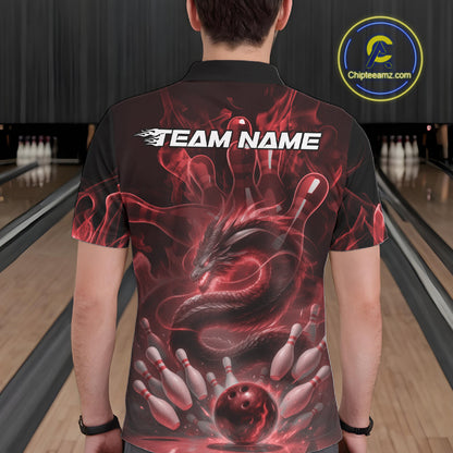 Custom Red Flame Dragon Bowling Men Polo Shirts, Dragon Bowling League Shirt IPHW10226