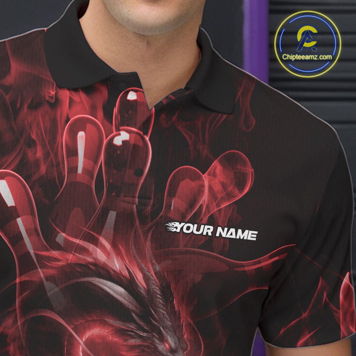Custom Red Flame Dragon Bowling Men Polo Shirts, Dragon Bowling League Shirt IPHW10226