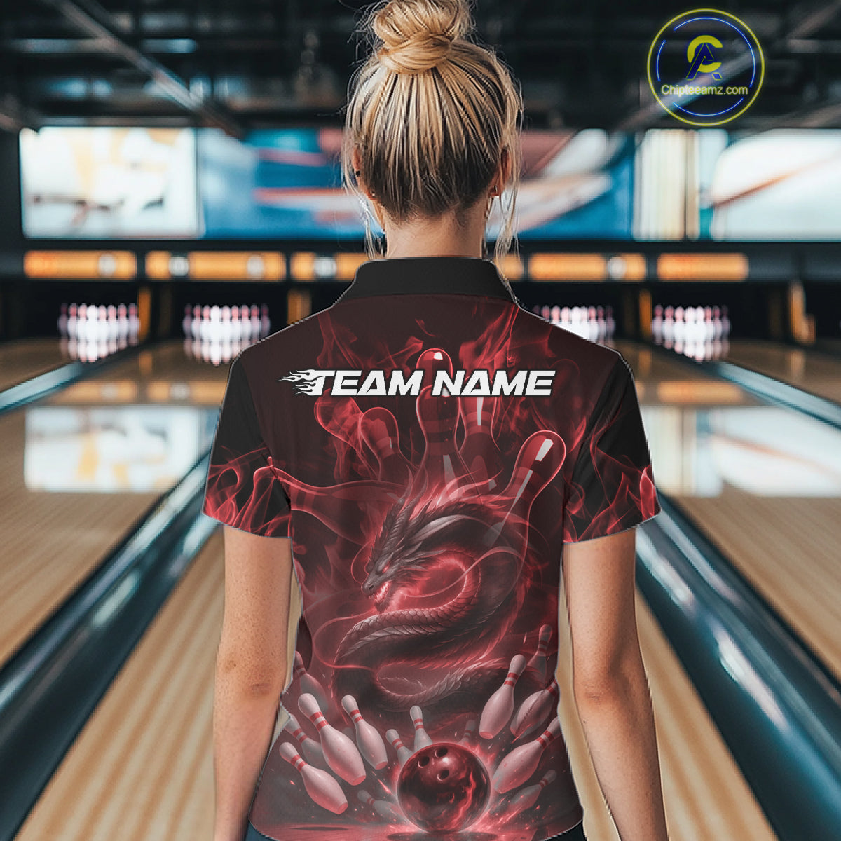 Custom Red Flame Dragon Bowling Women Polo Shirts, Dragon Bowling League Shirt IPHW10226