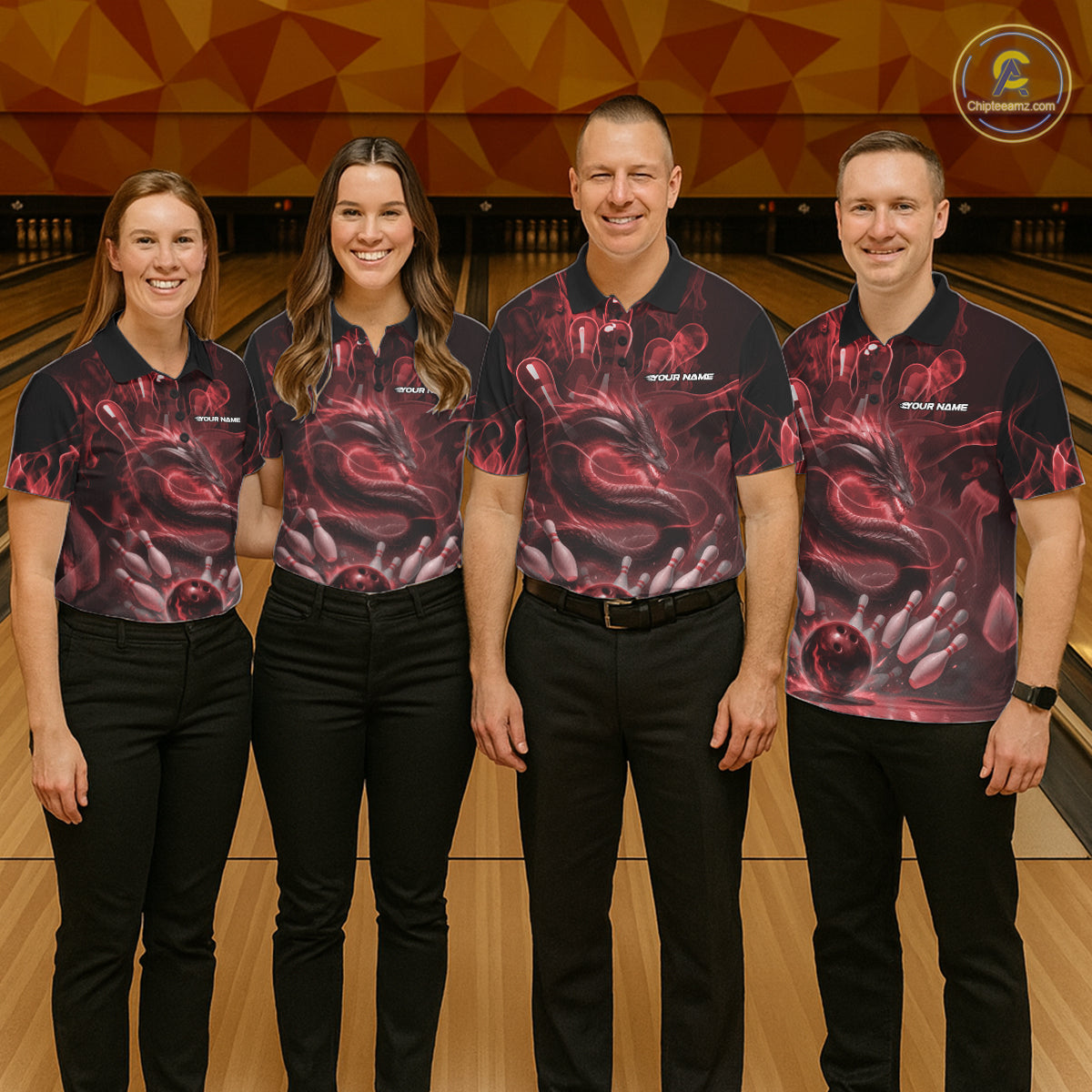 Custom Red Flame Dragon Bowling Men Polo Shirts, Dragon Bowling League Shirt IPHW10226