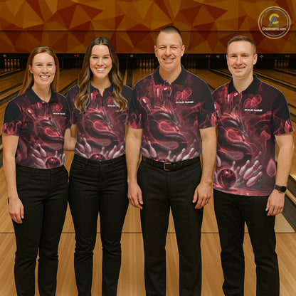 Custom Red Flame Dragon Bowling Men Polo Shirts, Dragon Bowling League Shirt IPHW10226