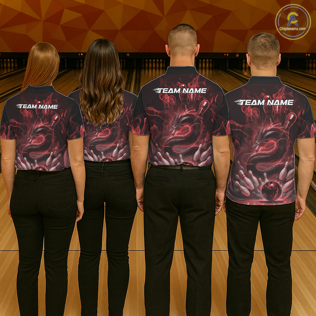 Custom Red Flame Dragon Bowling Men Polo Shirts, Dragon Bowling League Shirt IPHW10226