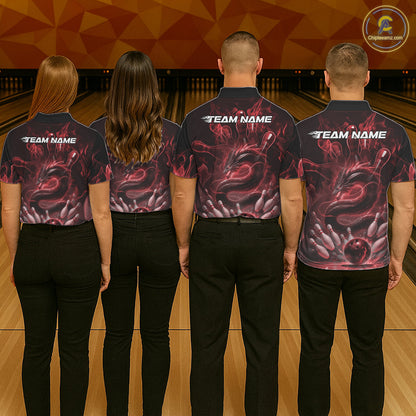 Custom Red Flame Dragon Bowling Men Polo Shirts, Dragon Bowling League Shirt IPHW10226