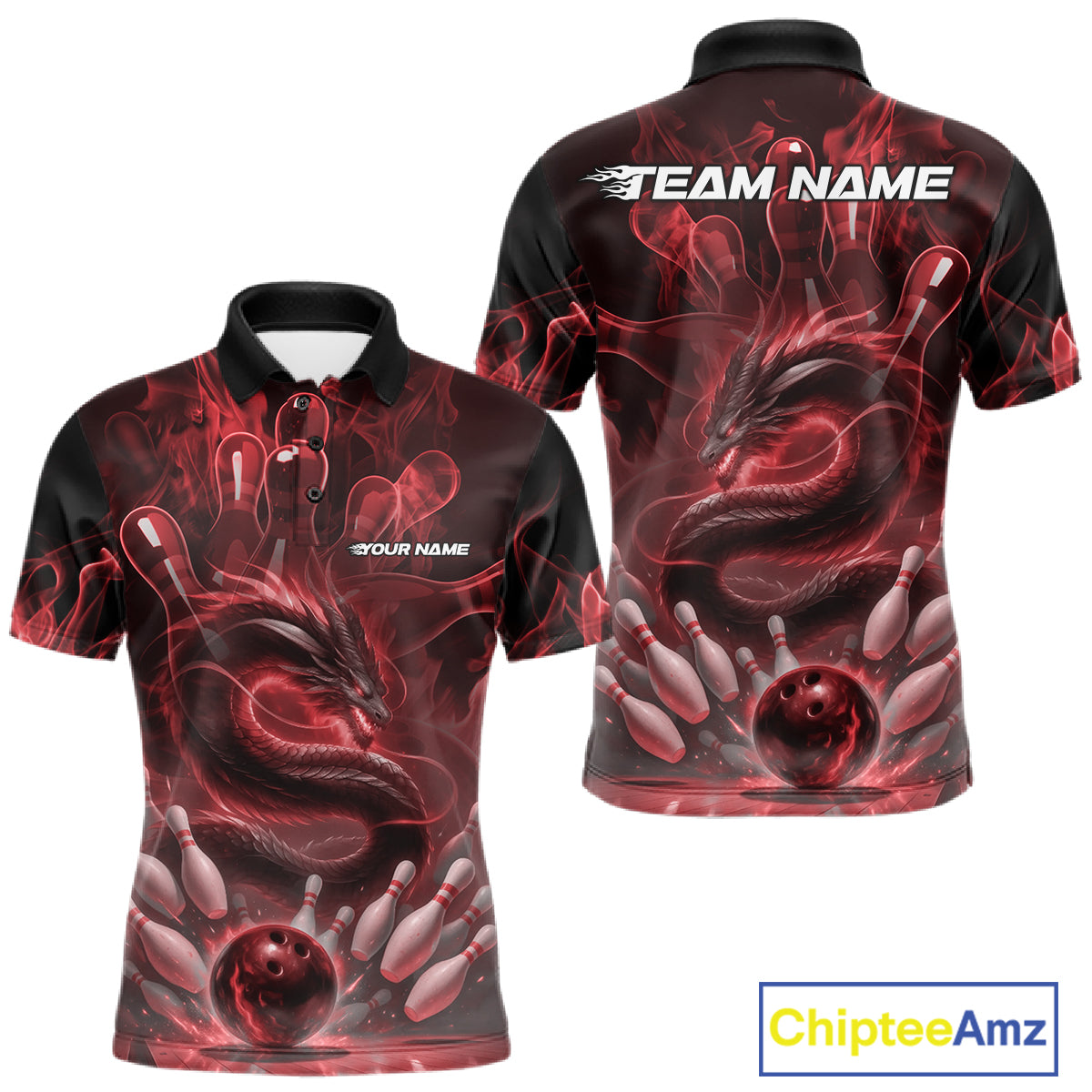 Custom Red Flame Dragon Bowling Men Polo Shirts, Dragon Bowling League Shirt IPHW10226
