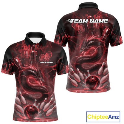 Custom Red Flame Dragon Bowling Men Polo Shirts, Dragon Bowling League Shirt IPHW10226