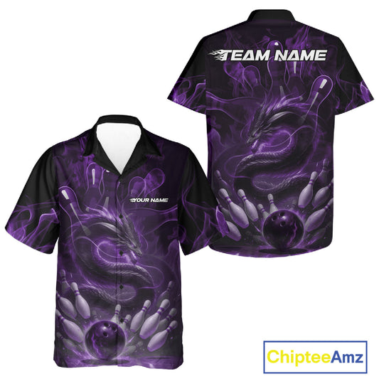 Custom Purple Flame Dragon Bowling Men And Women Hawaiian Shirts, Dragon Bowling League Shirt IPHW10227