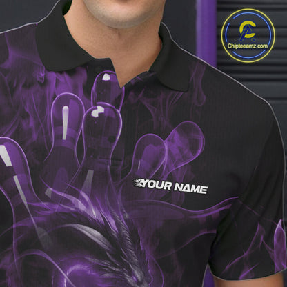 Custom Purple Flame Dragon Bowling Men Polo Shirts, Dragon Bowling League Shirt IPHW10227