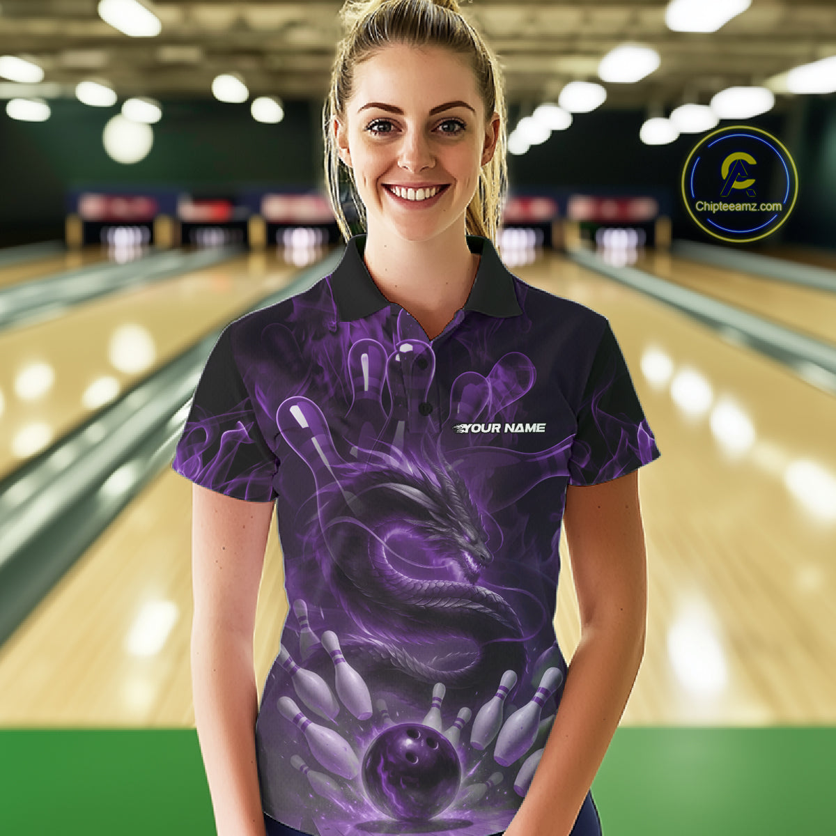 Custom Purple Flame Dragon Bowling Women Polo Shirts, Dragon Bowling League Shirt IPHW10227