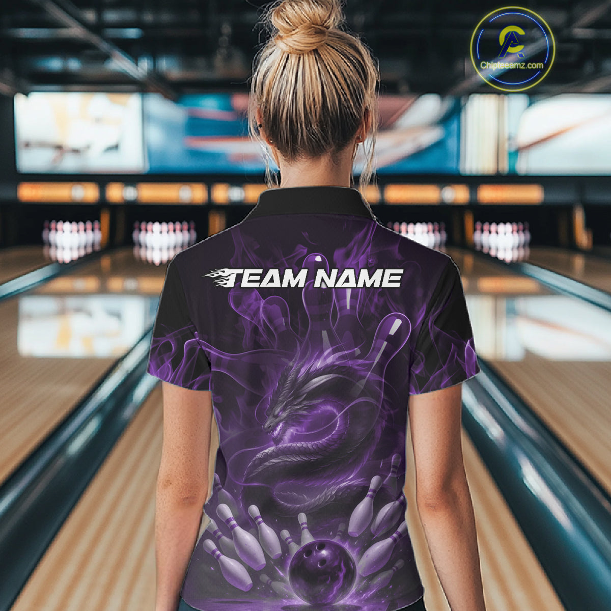 Custom Purple Flame Dragon Bowling Women Polo Shirts, Dragon Bowling League Shirt IPHW10227