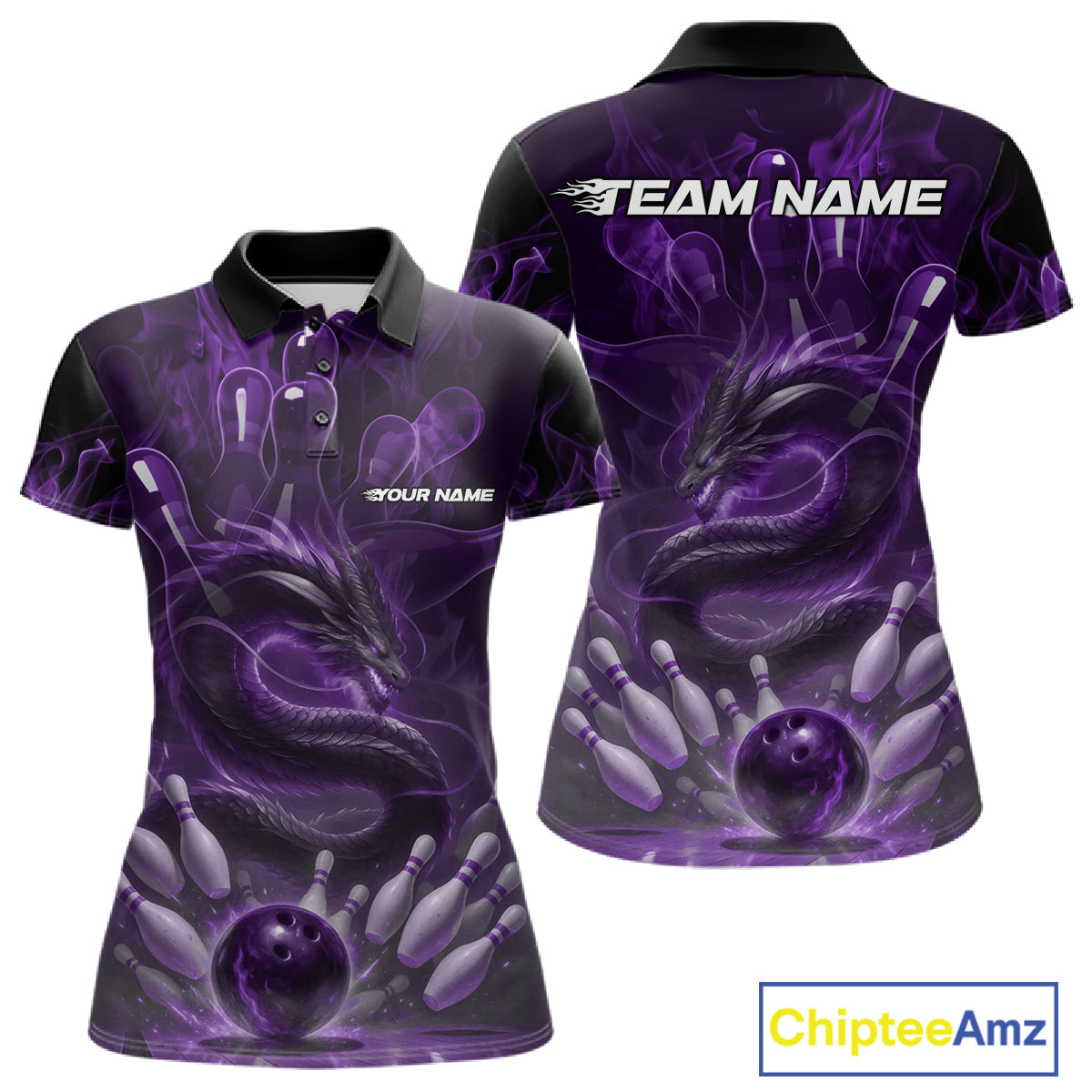 Custom Purple Flame Dragon Bowling Women Polo Shirts, Dragon Bowling League Shirt IPHW10227