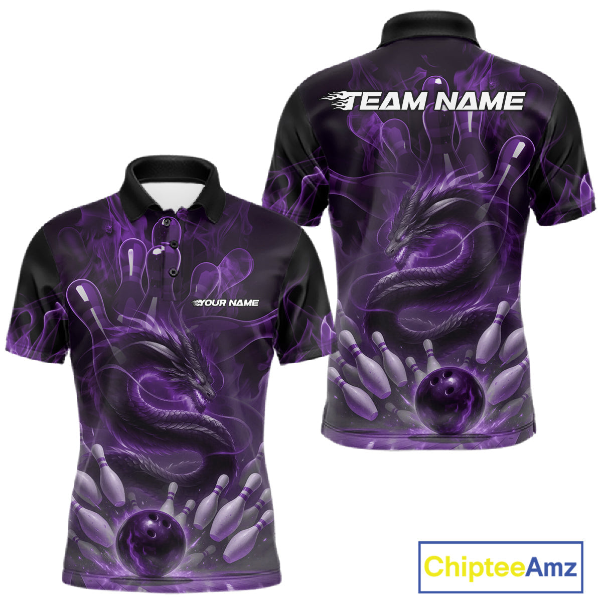 Custom Purple Flame Dragon Bowling Men Polo Shirts, Dragon Bowling League Shirt IPHW10227