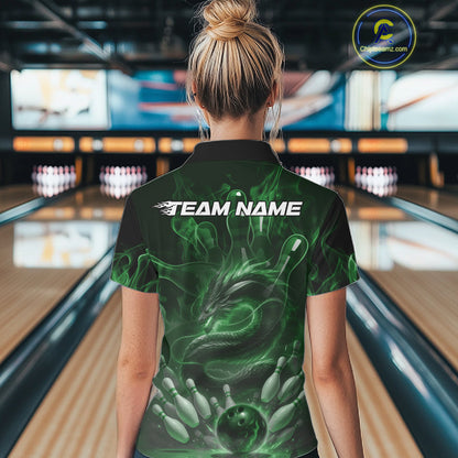 Custom Green Flame Dragon Bowling Women Polo Shirts, Dragon Bowling League Shirt IPHW10228