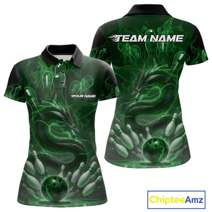 Custom Green Flame Dragon Bowling Women Polo Shirts, Dragon Bowling League Shirt IPHW10228