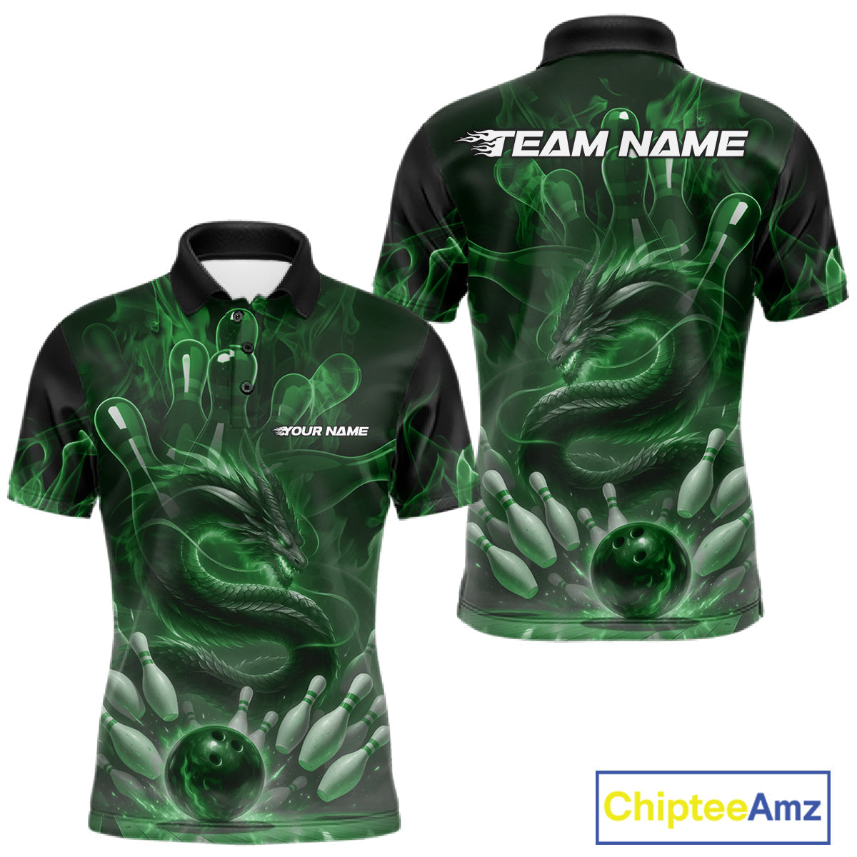 Custom Green Flame Dragon Bowling Men Polo Shirts, Dragon Bowling League Shirt IPHW10228